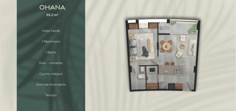 OHANA 55.2 M2 | 1 BR 1 BR | Dinning and Living Room | Complete Kitchen | Laundry Room | Terrace
