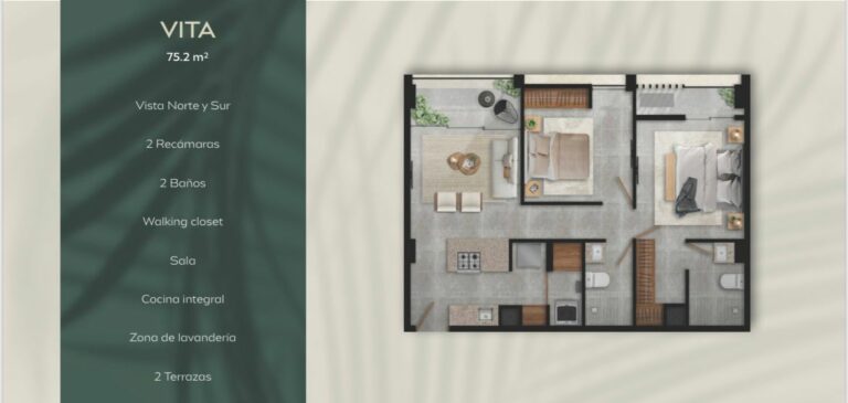 VITA 75.2 M2 | 2 BR 2 BR | Walking Closet | Living Room | Complete Kitchen | Laundry Room | 2 Terraces