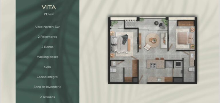 VITA 77.1 M2 | 2 BR 2 BR | Walking Closet | Living Room | Complete Kitchen | Laundry Room | 2 Terraces