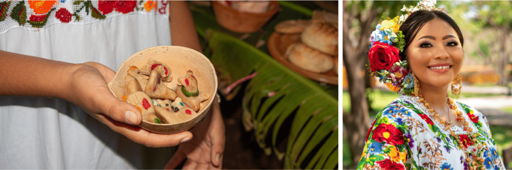 Hanal Pixán celebration in Yucatán with traditional food and Mayan attire.