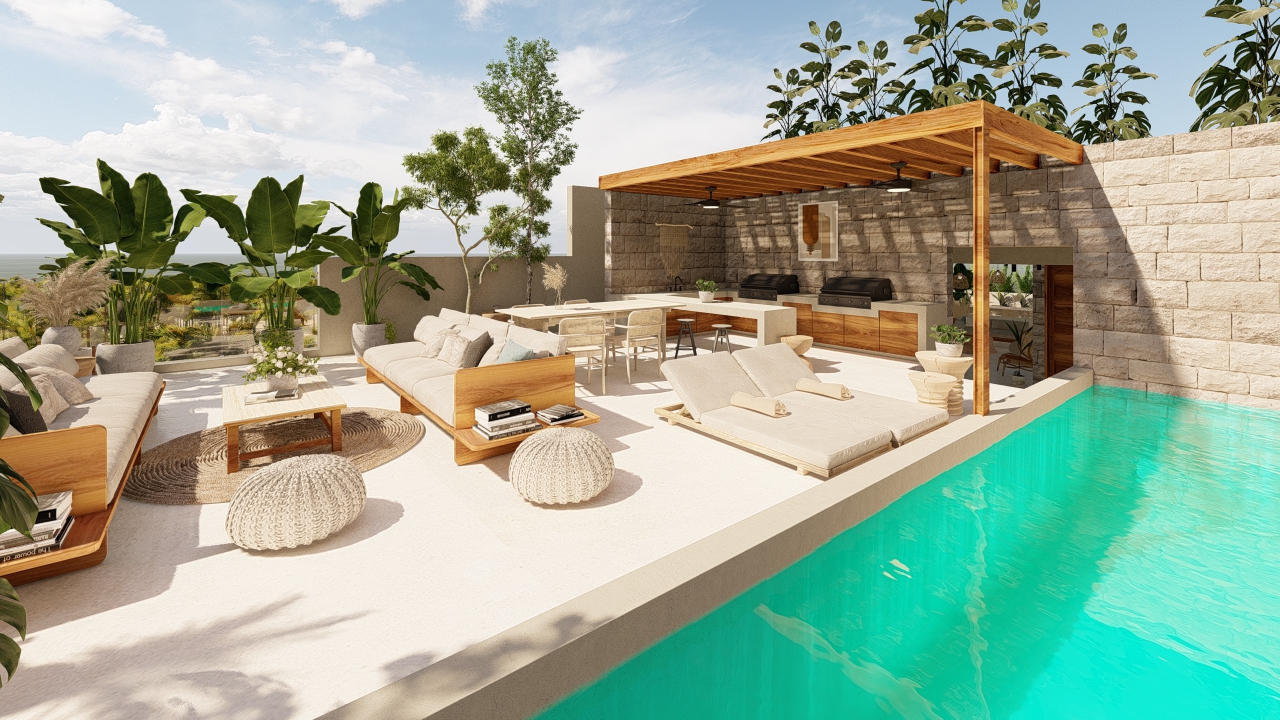 Rooftop with sunbathing area and heated swimming pool